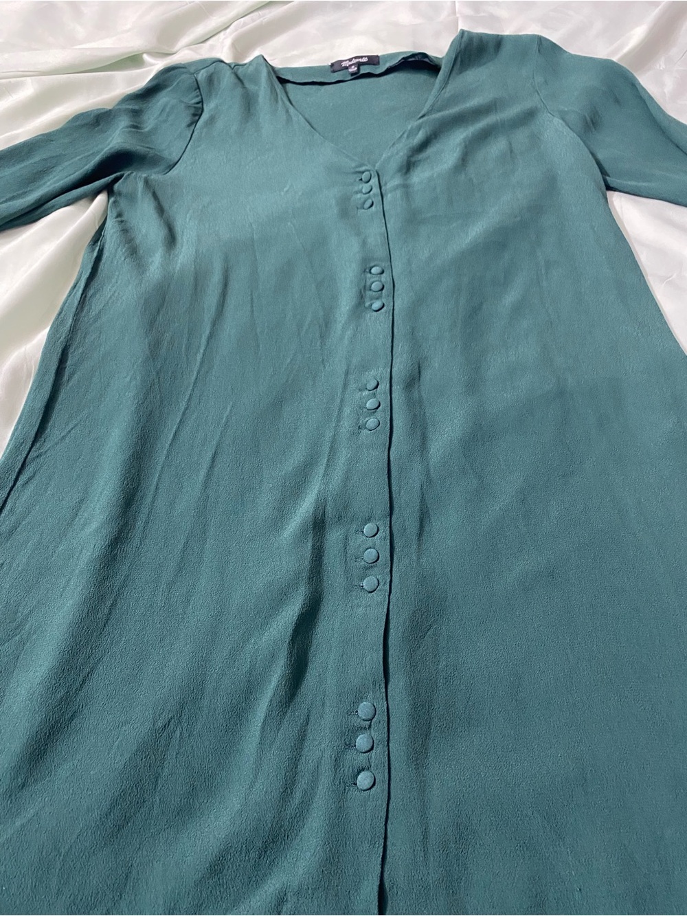 Madewell Teal Green Button-Front Mini Dress - Size M - Long Sleeve V-Neck - Picture 3 of 9
